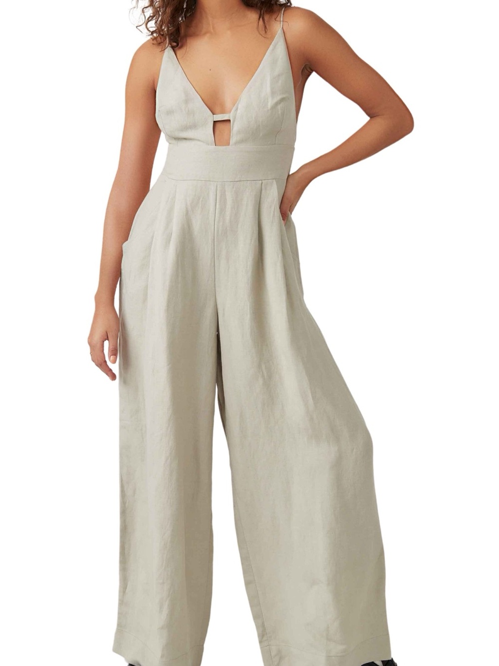 Free People Emma Linen Blend Wide Leg Jumpsuit in Alfalfa - Picture 3 of 8